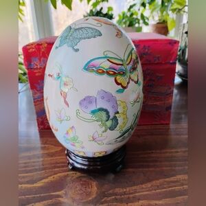 White Ceramic Butterfly Decorative Egg Accent 7" From China In Brocade Box